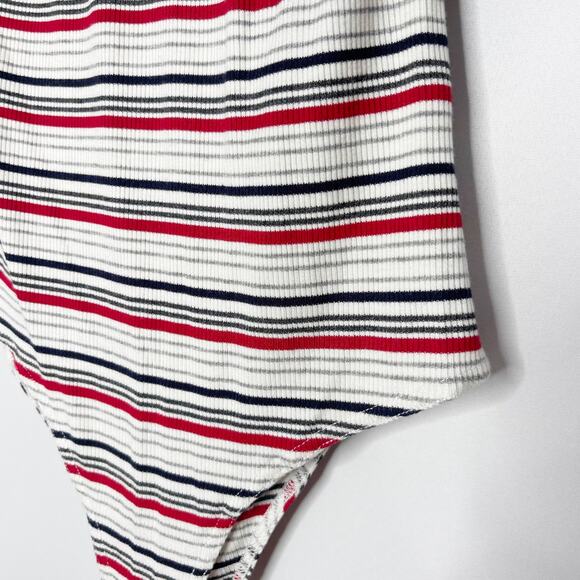 New Wild Honey M White Red Black Striped Halter Ribbed Low Back Bodysuit Cotton - Picture 4 of 11